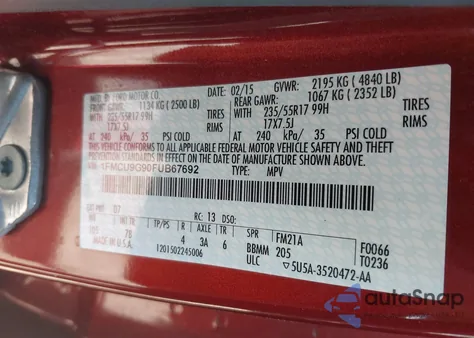 2015 Ford Escape Se from USA, damaged, VIN 1FMCU9G90FUB67692